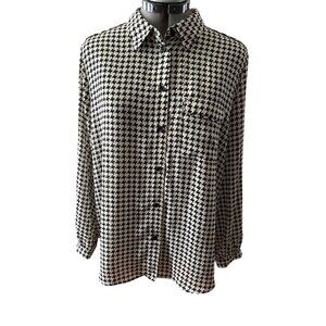 Who What Wear Womens Long Sleeve Houndstooth Button-Up Blouse XXL Black & Beige
